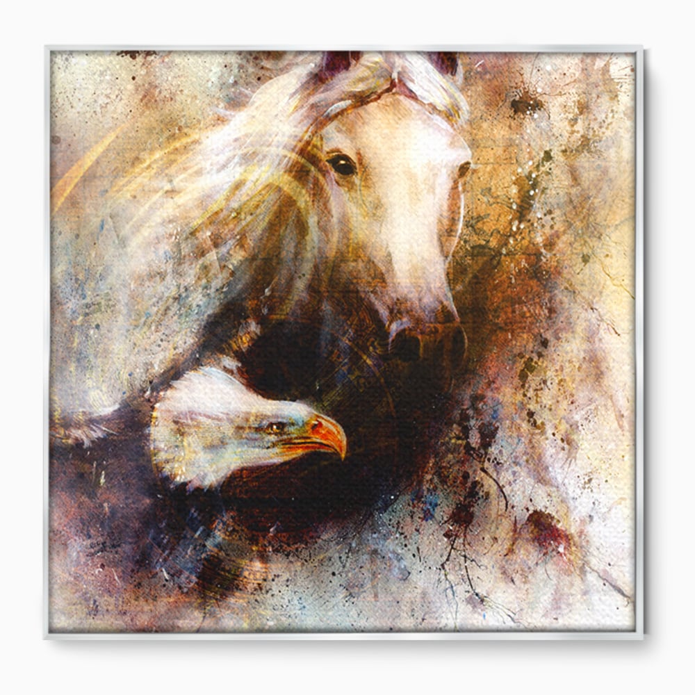 Tablou canvas cu tablou pictura cu cal si vultur, in rama de aluminiu argintiu